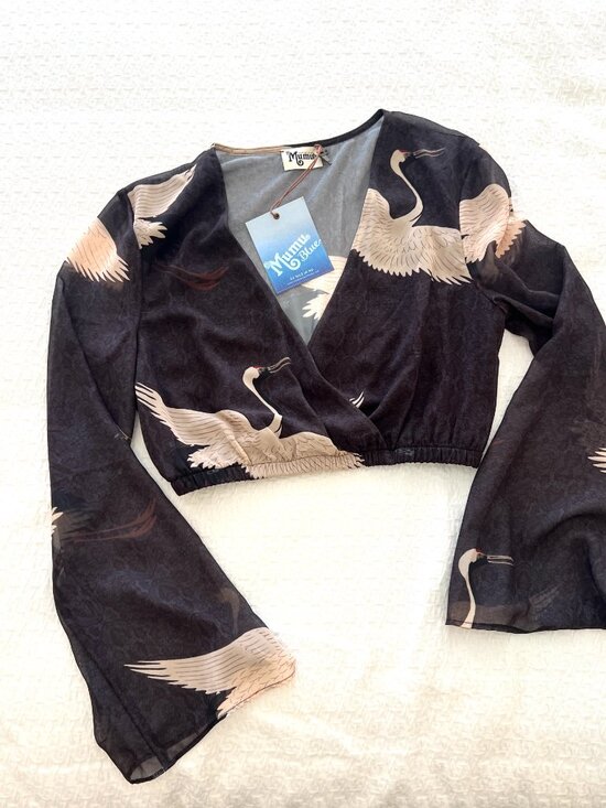Show Me Your MuMu Tops - NWT "Show Me Your Mumu" - Crop Top - Black Sheer White Crane - Size Small